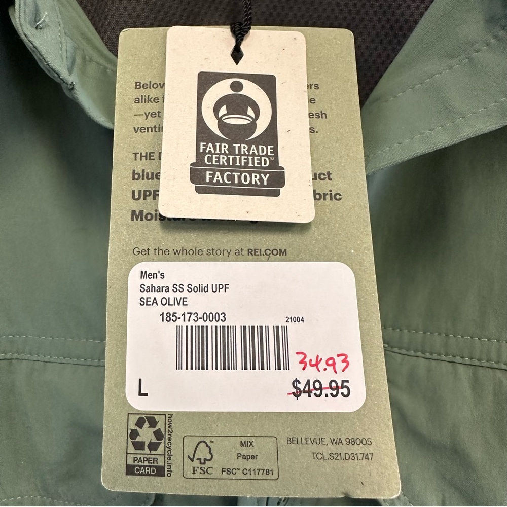 REI UPF 30 Men's Sahara Casual Green Button Down Hiking Shirt - Picture 5 of 12